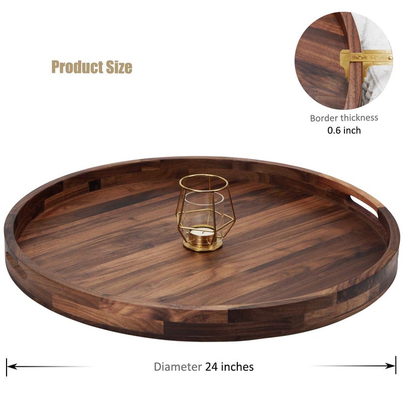 MAGIGO 24 Inches Extra Large Round Black Walnut Wood Ottoman Tray with Handles, Serve Tea, Coffee or Breakfast in Bed, Classic Circular Wooden Decorative Serving Tray - Image 2